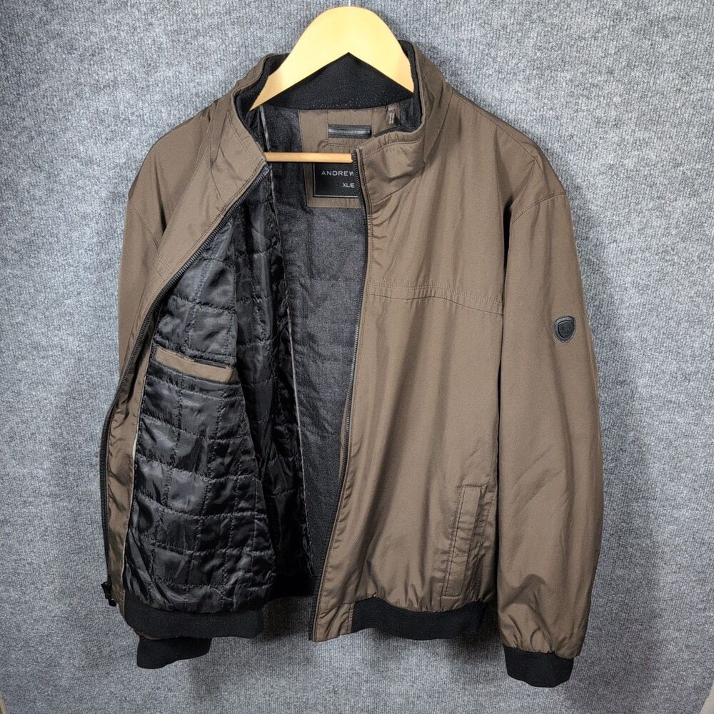 Andrew Marc Men's XL Taupe Brown Full Zip Bomber Jacket Quilted Lining Polyester